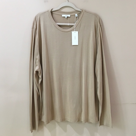 Vince Beige Essential Modal Tee Long Sleeve Crew Neck Top - Picture 1 of 5